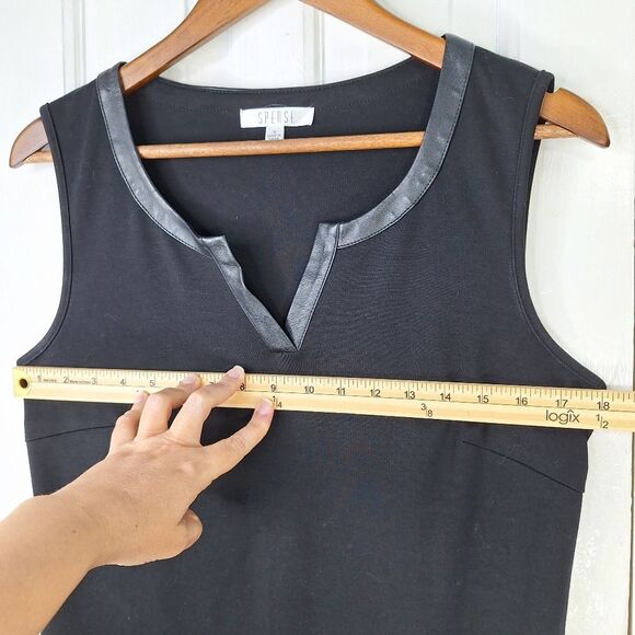 Spense Black Sleeveless Sheath Dress Faux Leather Piping & Hemline Sz 10 - Picture 8 of 11